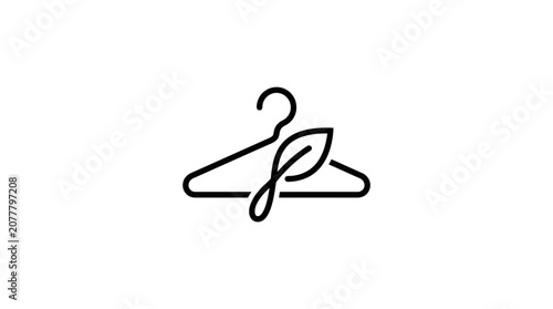 A simple black line icon of a clothes hanger with a leaf symbol