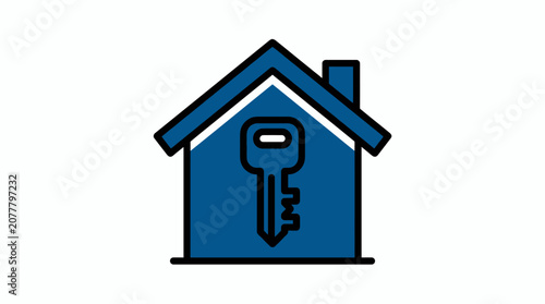 A simple blue house icon featuring a key symbol for real estate concepts