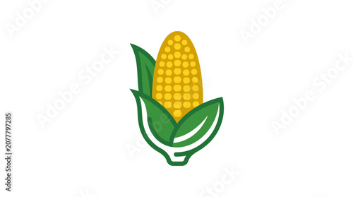A simple flat vector illustration of a fresh yellow corn cob with green leaves
