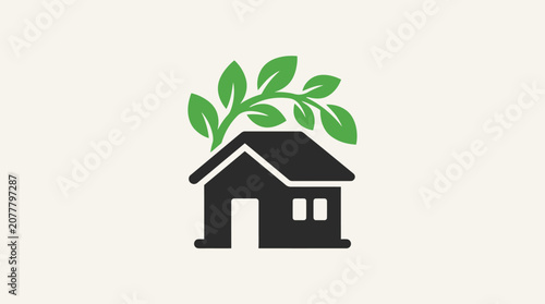 A simple graphic icon of a house with green leaves on a light background