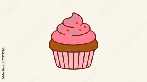 A simple illustration of a sweet cupcake with pink frosting and colorful sprinkles
