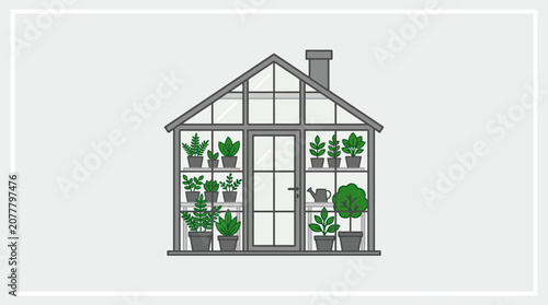 A simple illustration of a glass greenhouse filled with various potted green plants
