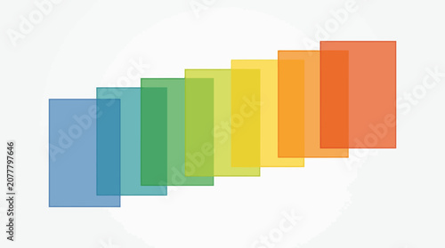 A series of overlapping translucent rectangles in a vibrant rainbow color gradient