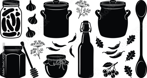 Fotografía Pickling and fermentation silhouette vector set featuring mason jars crock pots