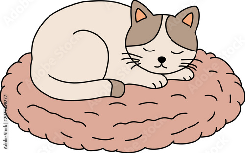 Cute hand drawn sleeping cat resting on a soft pet bed. Cozy minimalist illustration perfect for pet products, nursery decor, stickers, greeting cards, apparel and stationery.