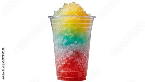 Rainbow layered shaved ice in clear plastic cup