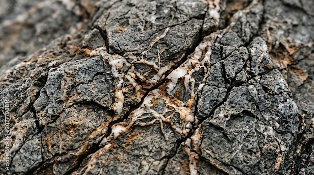 Fototapeta premium Close-up of weathered grey rock surface with intricate white mineral veins and deep fissures, showcasing natural geological textures and rugged patterns