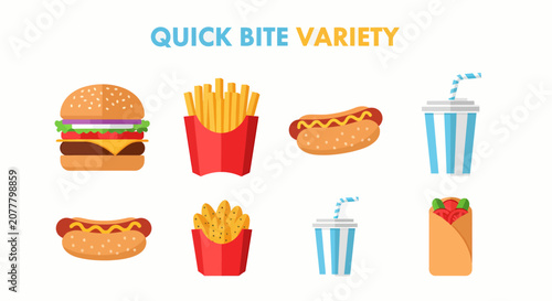 фотографія A flatdesign graphic titled QUICK BITE VARIETY featuring two rows of various fas