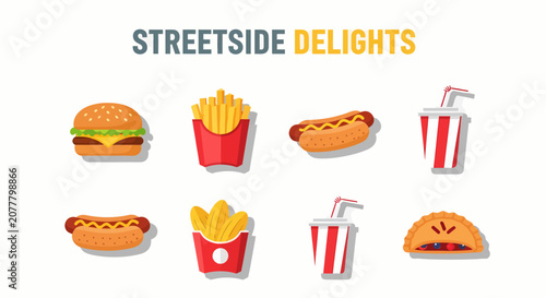 Slika na platnu A flatdesign graphic titled STREETSIDE DELIGHTS showing icons of two burgers two