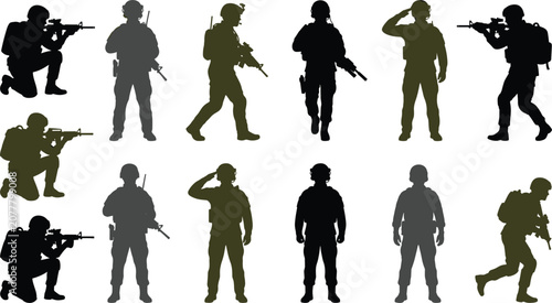 Foto Soldier silhouette vector set featuring military army force kneeling shooting sa
