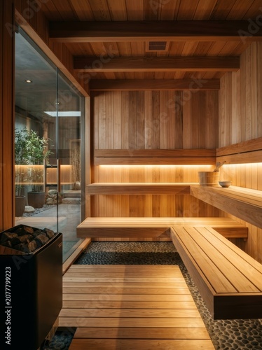 Modern wooden sauna interior with cedar walls and benches. Luxury wellness spa room with hot stone heater. Calm atmosphere for relaxation, health treatment and body detoxification concept.