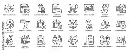 Financial icon set in outline style. Icon pack contain banking, budgeting, investment, savings, payment, taxation, and financial analytics icons.