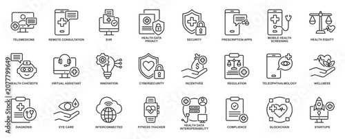 Digital health icon set in outline style. Icon pack contain telemedicine, healthcare, fitness, medical report, wearable, online consultation, and wellness icons.