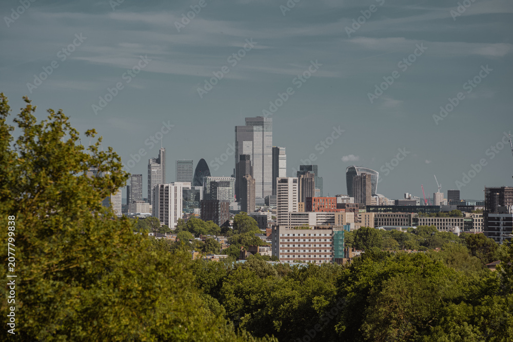 Fototapeta premium A breathtaking panoramic view of the iconic London city skyline showcasing modern skyscrapers, beautifully framed by lush green trees under a bright summer sky.