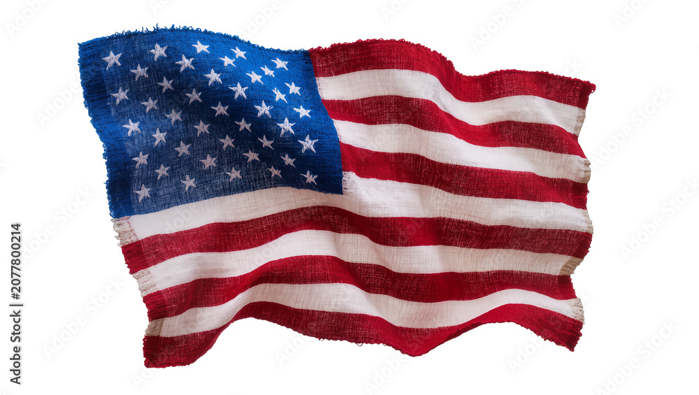 Fototapeta premium Waving American flag with frayed edges, isolated on transparent background
