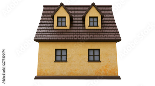 Cuadro en lienzo Yellow house with brown shingled roof and dormer windows