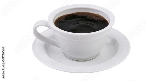 White ceramic cup filled with dark coffee on saucer
