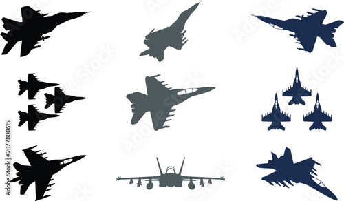 Photos Fighter jet silhouette vector set featuring military aircraft supersonic airplan