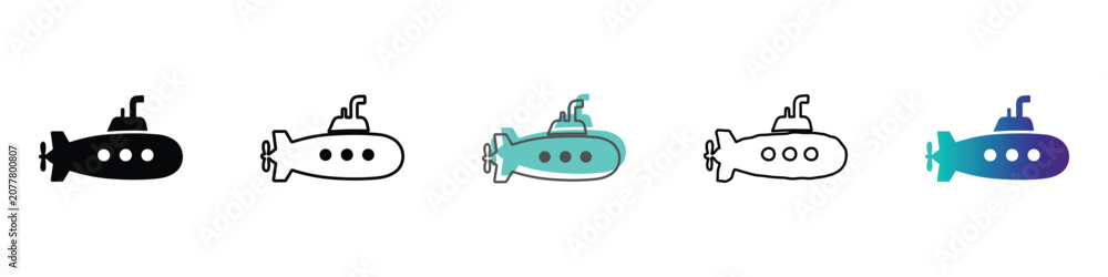 Obraz premium This graphic showcases a variety of submarine icons, including solid black, outline, and gradient fills, perfect for nautical or technical themes