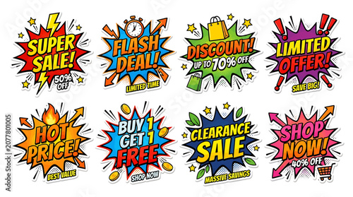 Vibrant sale signs display various promotions in a colorful arrangement
