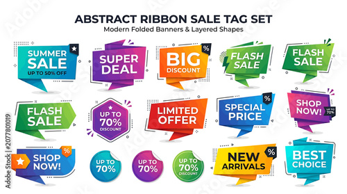 Vibrant sale tags with colorful banners and layered shapes on display