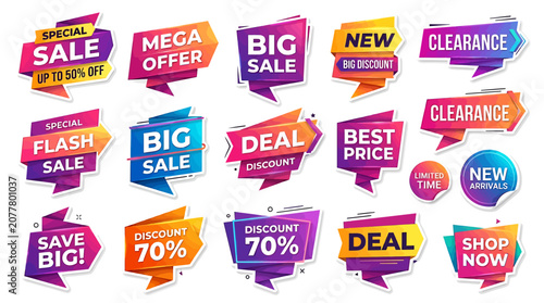 A vibrant collection of colorful sale signs and labels on display