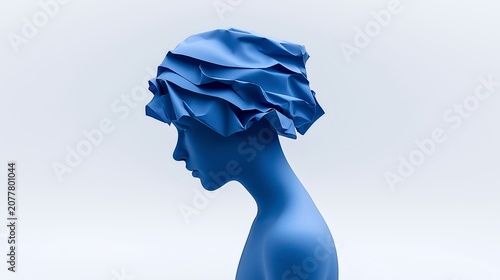 Monochromatic Melancholy: A stylized portrait of a person, rendered entirely in shades of blue, wearing a ruffled hat, conveying a sense of introspective sadness and artistic expression.