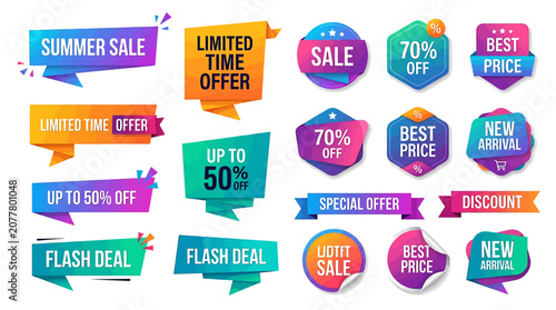 Vibrant sale stickers and labels on white background for advertising