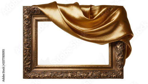 Konstfotografi Ornate antique gold picture frame draped with luxurious golden satin fabric, iso