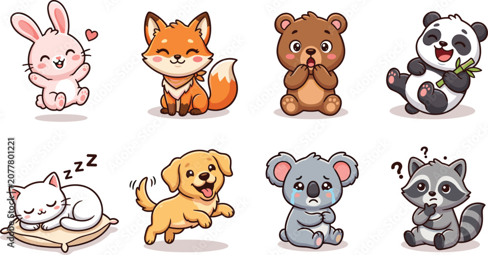 Fototapeta premium Cute cartoon baby animals emoji sticker set with various emotions for kids nursery apparel book design project vector illustration