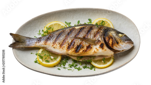 Whole grilled sea bream fish with lemon slices and parsley, isolated on transparent background