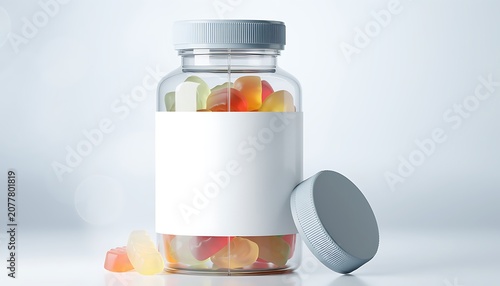 A jar filled with assorted colorful gummy bears sits on a surface with some spilled out beside it.