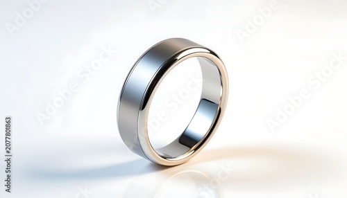 A shiny metal ring with a gold interior stands upright on a white surface.