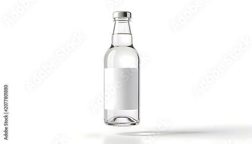 A clear glass bottle stands alone on a white surface in a studio.