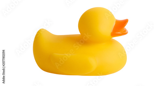 Foto Yellow rubber duck toy with orange beak