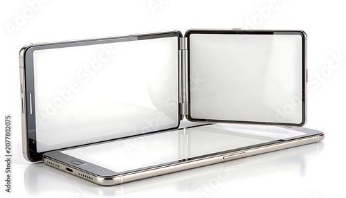 A sleek, modern, silver, foldable tablet with two screens is open on a reflective surface in a clean environment.