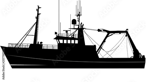 Photos Fishing trawler vessel silhouette with crane and rigging