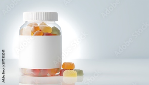 A white bottle filled with assorted colorful pills sits on a reflective surface with some pills spilled out
