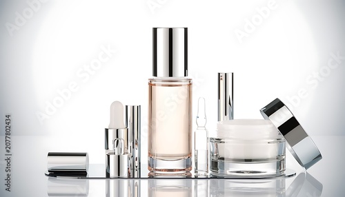 A display of luxury skincare products including a perfume bottle, lipstick, and jars with silver caps on a reflective surface with a white background.