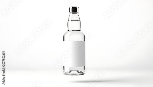 A clear glass bottle with a white label sits on a white surface in a studio.