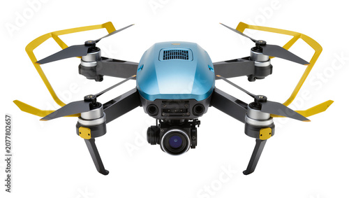 Blue drone with yellow propeller guards and camera