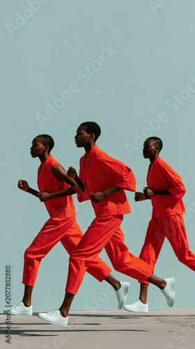 Three male models in red suits running in sync on pale blue background for fashion sportswear banner design