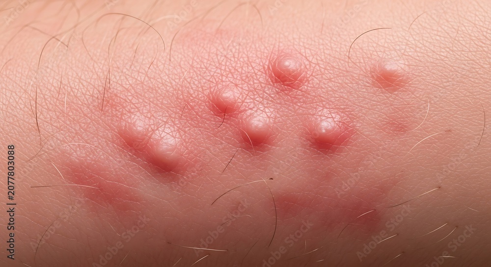 Fototapeta premium Close-up of multiple red, inflamed insect bites on human skin, possibly from bed bugs or mosquitoes, causing irritation and itching.