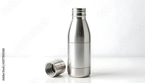 A shiny metal water bottle stands upright next to its open cap on a white surface in a studio.