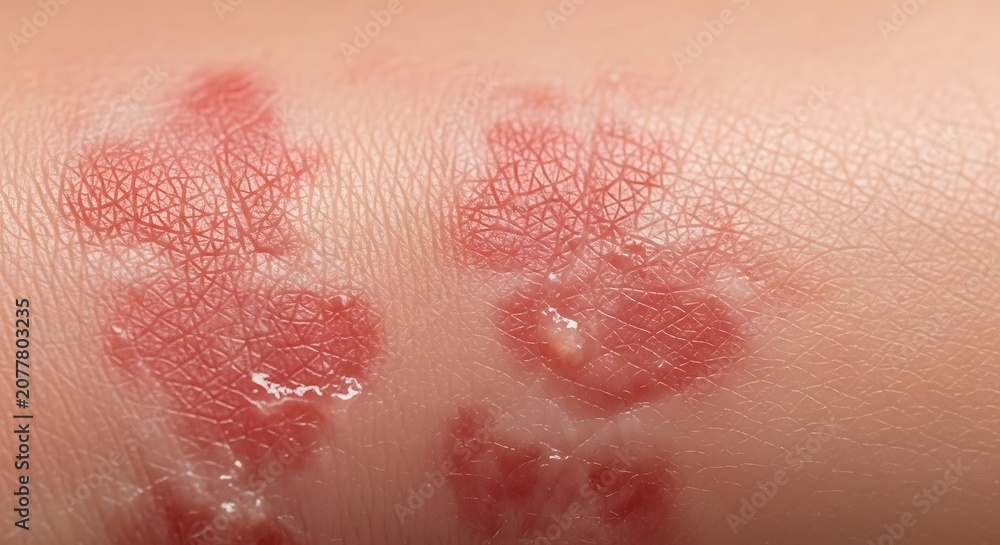 Fototapeta premium Close-up of skin rash with red, inflamed patches and blisters, possibly indicating an allergic reaction or infection.