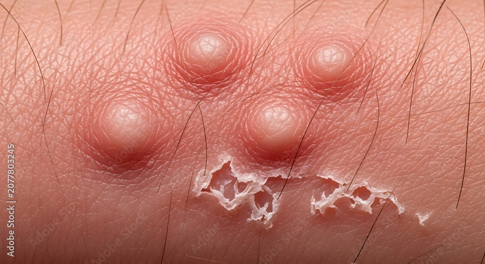 Fototapeta premium Close-up of skin with multiple blisters and peeling skin, possibly indicating a skin condition or reaction.