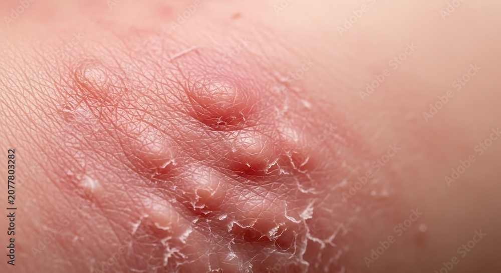 Fototapeta premium Close-up of skin with multiple red, inflamed blisters and peeling skin, indicating a severe skin condition or allergic reaction.