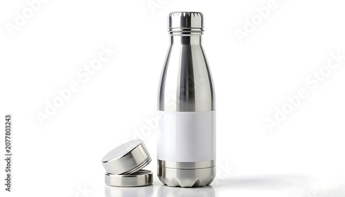 A metal water bottle with its cap off sits on a reflective surface.