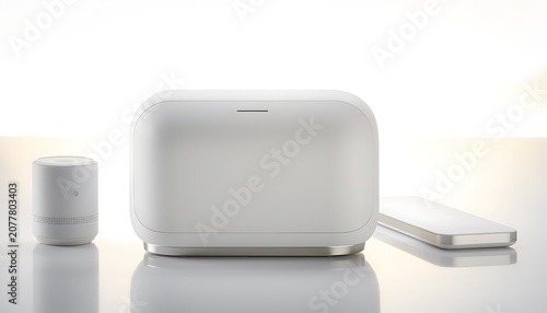 A sleek white wireless charging pad and phone on a reflective surface next to a small cylindrical device.