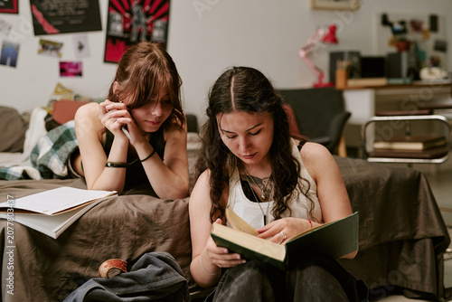 Cuadro en lienzo Teenage girls studying together in bedroom, reading book and reviewing notes for homework, conveying focused learning and peer support